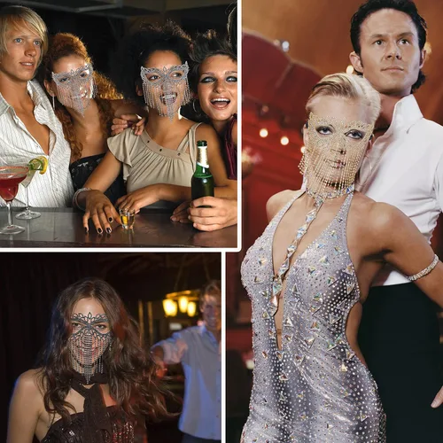 Vista 5 de Bellady Máscara de Mardi Gras con flecos de ojo de gato con diamantes de imitación y lazo trasero