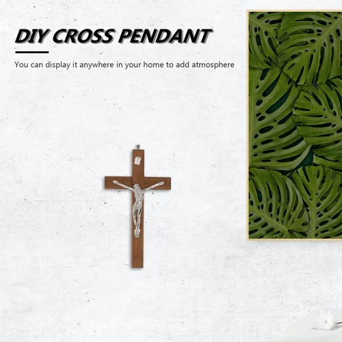 Vista 9 de BESTOYARD Arte de pared de madera, paquete de 3 – Medalla de 5 pulgadas con cruz de crucifijo pequeño y cruz católica colgante – Regalo religioso