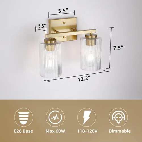 Vista 4 de 2 luces de tocador de baño de oro cepillado sobre el espejo, iluminación moderna con pantalla de vidrio texturizado, accesorios de iluminación