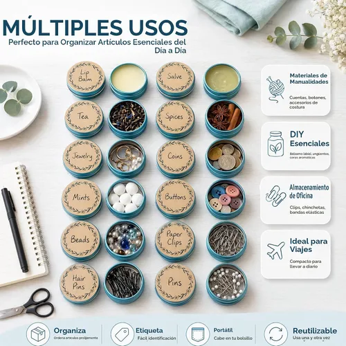 Vista 6 de 0.5 oz (15ml) Aqua Blue Screw Top Aluminum Tins with Labels, 32 Pack