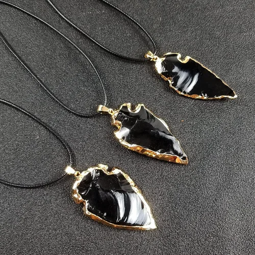 Vista 6 de Tebapi Collar con colgante de obsidiana negra natural para hombres y mujeres, con forma de punta de flecha, dije de piedra de cuarzo con punta