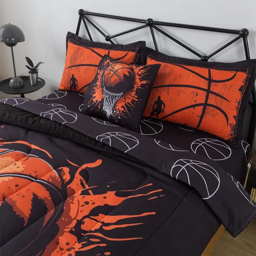 Vista 3 de Juego de edredón de 6 piezas con diseño de baloncesto, ropa de cama negra tamaño individual para niños, adolescentes y adultos, con pelotas