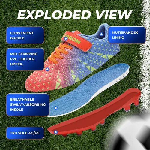 Vista 3 de ASHION Botines de fútbol unisex para niños y niñas, para césped firme, sin atar, zapatos de fútbol duraderos