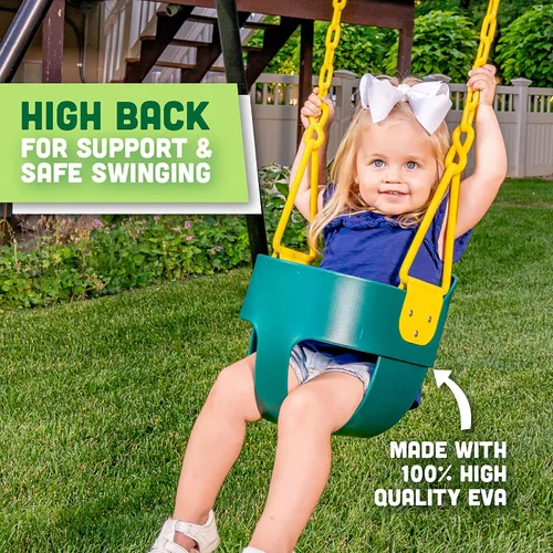 Vista 7 de Columpio de lujo con respaldo alto para niños pequeños con protección de pellizco, color verde Revestimiento patentado de cadena y conector