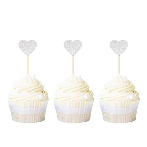 Vista 7 de Ercadio Decoración dorada para cupcakes con diseño de corazón con purpurina dulce, temática de amor, para boda, compromiso, despedida de soltera Oro
