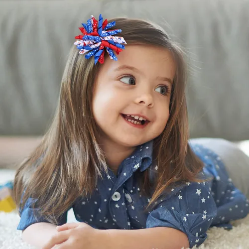 Vista 4 de Clip de Lazo para Cabello Korker del 4 de Julio 3'' Niños Patriótico Rizado Corker Fuegos Artificiales Lazo de Porrista Pasadores de Cocodrilo Bebé