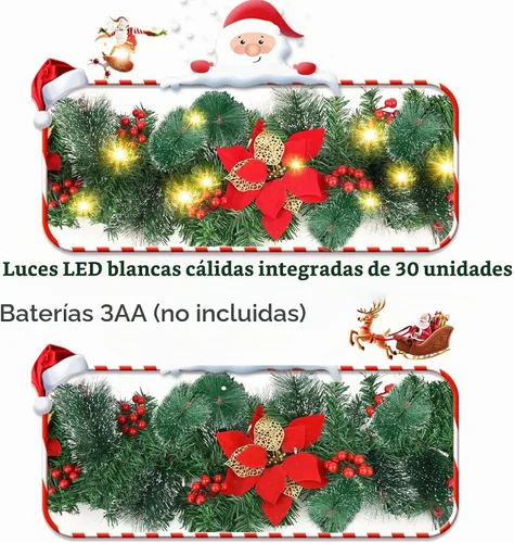 Vista 7 de Guirnalda de Navidad, guirnalda de Navidad con luces, decoración de Navidad, flores artificiales de ratán de 9 pies, decoración de Navidad