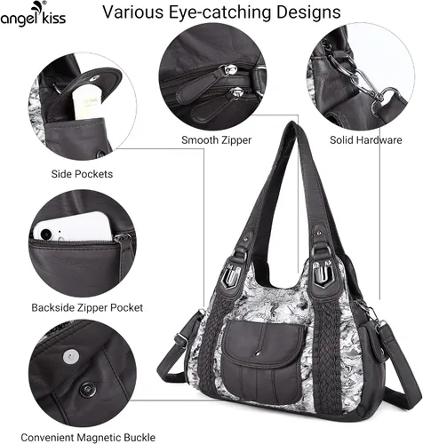 Vista 6 de Angelkiss - Bolsos y bolsos de mano para mujer, de cuero vegano lavado, bolso cruzado estilo hobo