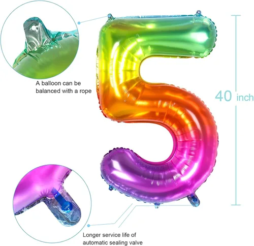 Vista 4 de Globo numérico, globos numéricos gigantes de 40 pulgadas para decoraciones de cumpleaños arco iris, globos numéricos grandes de 0 de mylar