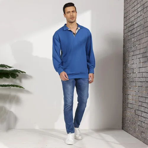 Vista 9 de Opomelo Mens Long Sleeve Pullover Polo Shirts-Casual Loose Fit Sweatshirts V Neck Tops