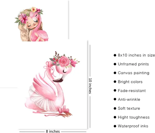 Vista 2 de Lienzo decorativo para pared de niña flamenco, cuadro rosa acuarela princesa floral decoración de animales para baby shower, baño, cuarto de bebé