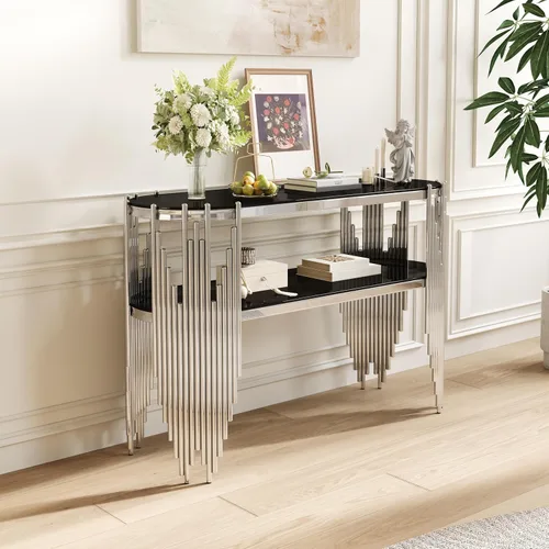 Vista 15 de Mesa auxiliar redonda de vidrio de 20 pulgadas, mesa auxiliar circular dorada de 2 niveles con patas de acero inoxidable y vidrio templado negro