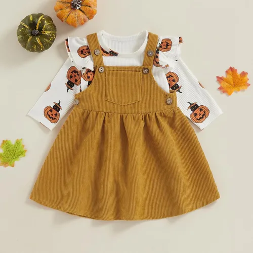 Vista 2 de Mandizy Ropa de bebé de Halloween para niña, conjunto de falda con tirantes de calabaza, fantasma, manga larga, mameluco de pana, vestido de overol
