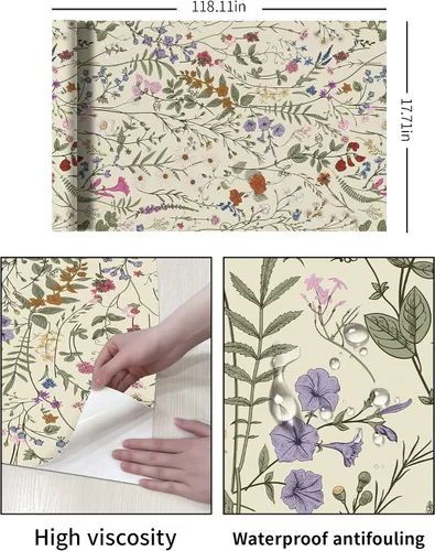 Vista 7 de JiffDiff Papel tapiz floral para despegar y pegar, papel de pared floral de granja, papel de contacto autoadhesivo de madera silvestre