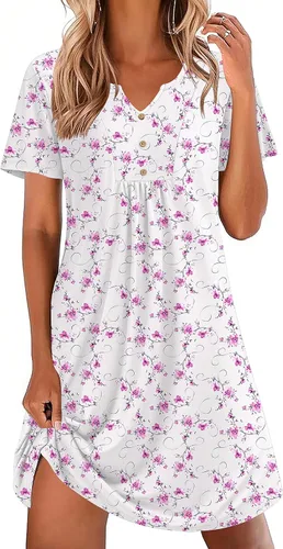 Vista 12 de Ekouaer Camisones para mujer de algodón Vestidos de noche Plisados Camisones Henley Cuello en V Camisas de dormir de manga corta Ropa de dormir