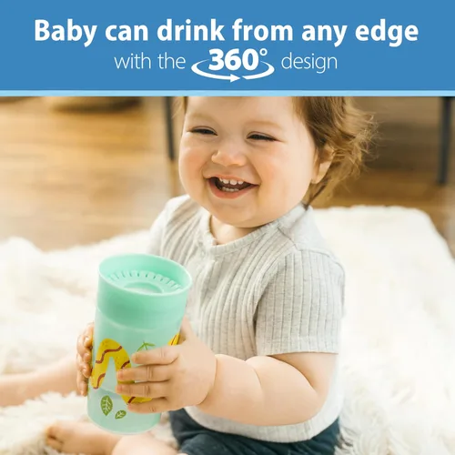 Vista 3 de Dr. Brown's Milestones Cheers 360 - Vaso de transición sin boquilla, apto para viajes y sin fugas, para bebés y niños pequeños, animales azul/verde