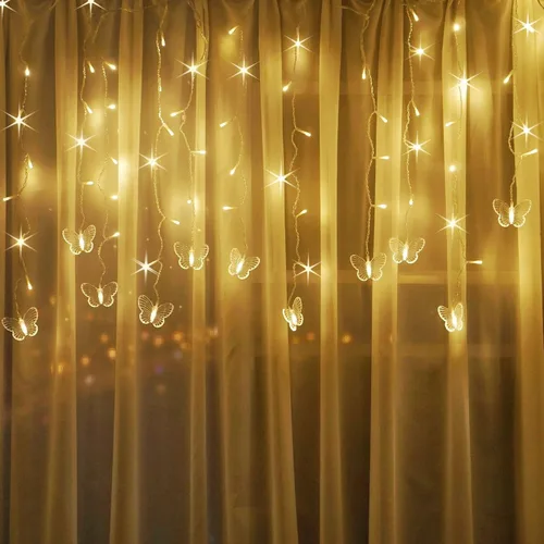 Vista 6 de Luces de Hadas de Cortina de Mariposa con Enchufe USB, 8 Modos 96 LED 11.5 Pies Luces de Cadena Centelleantes de Luciérnaga para Ventana con Púrpura