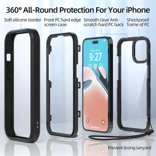 Vista 3 de WXR Compatible con iPhone 15, parachoques de silicona suave y parte trasera de policarbonato duro transparente e interior de policarbonato duro