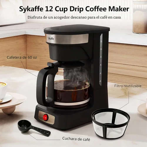 Vista 2 de Cafetera de 12 tazas, cafetera de goteo, filtro reutilizable, mantiene el calor y pausa automática, tanque de agua de fácil visión, cafetera