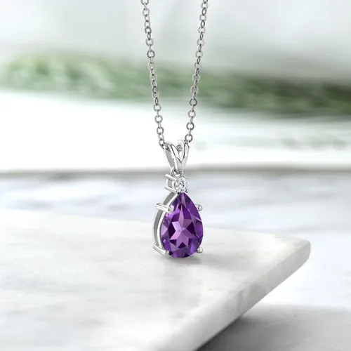 Vista 4 de Gem Stone King Collar con colgante de plata de ley 925 con amatista púrpura y diamantes blancos cultivados en laboratorio para mujer