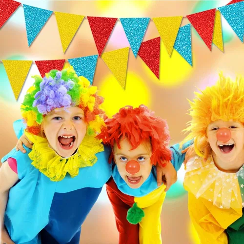 Vista 4 de 45 banderas coloridas de banderines – Guirnalda de fiesta temática de carnaval de 49 pies, color amarillo, azul, rojo con purpurina, banderines