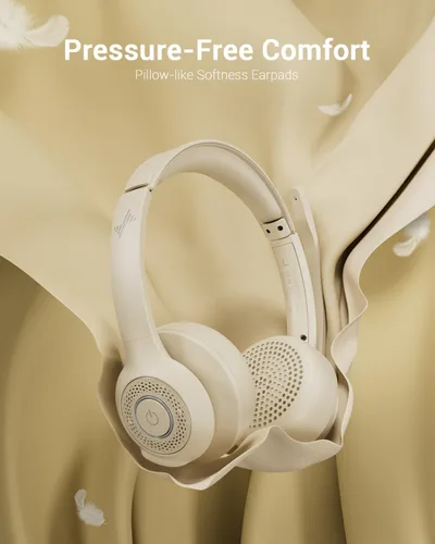 Vista 4 de JIAMQISHI Auriculares de oficina Bluetooth V5.2 en color albaricoque, auriculares inalámbricos con micrófono de reducción de ruido, receptor USB