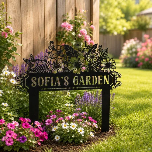 Vista 4 de Letrero de jardín personalizado con estaca, letrero de metal personalizado con nombre de jardín para exteriores, decoración de patio de flores