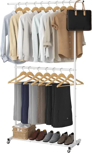 Vista 9 de Sywhitta Perchero de Ropa de Doble Barra Rodante, Organizador de Ropa con Ruedas para Colgar Ropa, Fácil de Ensamblar, Ajustable, Negro