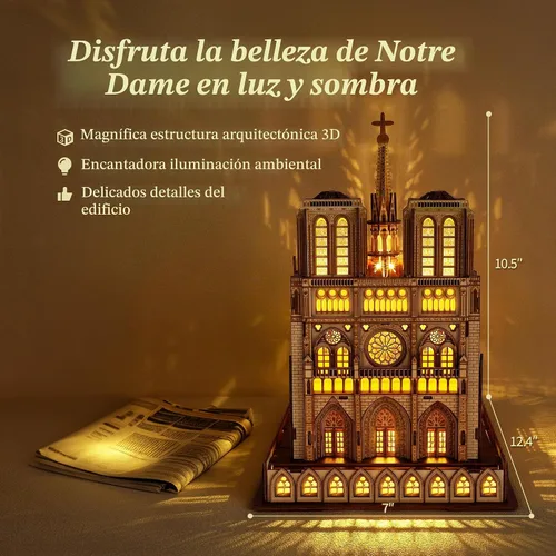 Vista 3 de FUNPOLA Rompecabezas 3D de Madera LED - Modelo de Arquitectura de Notre Dame de París Edición Nocturna con Iluminación LED - Kit de Artesanía