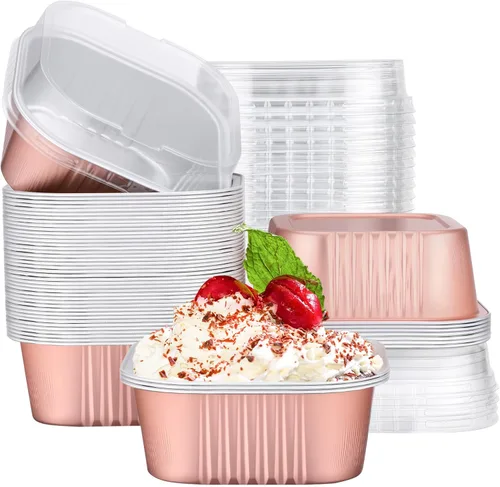 Vista 17 de EUSOAR - Moldes para pastel con tapas, 50 unidades de 300 ml/10 oz, moldes cuadrados desechables para cupcakes, recipientes de papel de aluminio