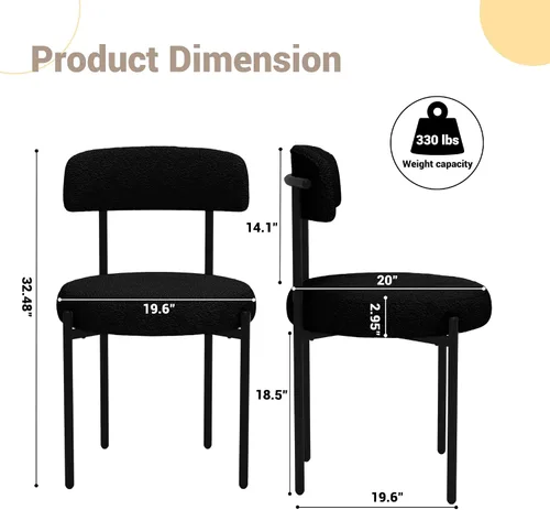 Vista 2 de COCO DESIGN Juego de 2 sillas de comedor negras, modernas y cómodas sillas de comedor Boucle con respaldo curvo, silla de comedor tapizada de sherpa