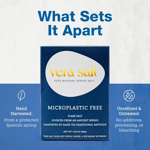 Vista 5 de Vera Salt Flake Spring Salt Flake - Tarro de vidrio de 6.35 oz - Copos de sal con acabado gourmet de España - Cristales blancos cosechados a mano