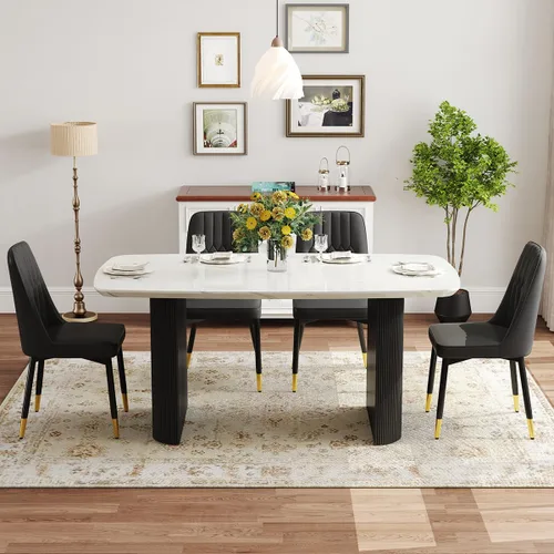 Vista 8 de Juego de mesa de comedor blanco Ebullient para 4, juego de mesa de comedor ovalada de mármol de 67' con 4 sillas de metal, parte superior de grano