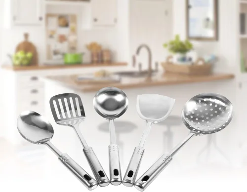 Vista 8 de Juego de 5 utensilios de cocina de acero inoxidable, juego de utensilios de cocina versátiles con mango ergonómico para cocina