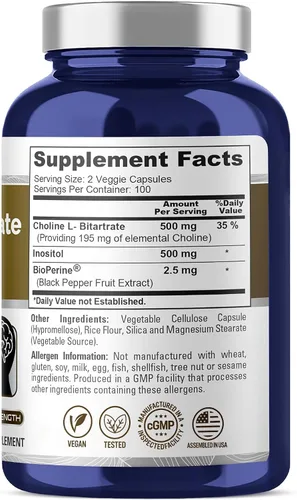Vista 3 de Colina, L bitartrato e inositol, 1000 mg, 200 cápsulas vegetales - 100 Vegano y vegetariano, fórmula de suplemento dietético para adultos