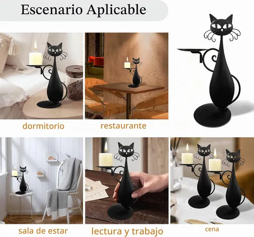 Vista 3 de Portavelas de gato negro para velas de pilar sin llama, velas LED retro rústicas estilo granja para el hogar, decoración de gato de metal