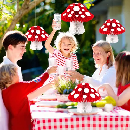 Vista 4 de 3 piezas de decoración de panal de hongos en forma de hongo en forma de pompones, decoraciones para fiesta de cumpleaños temática de selva del país