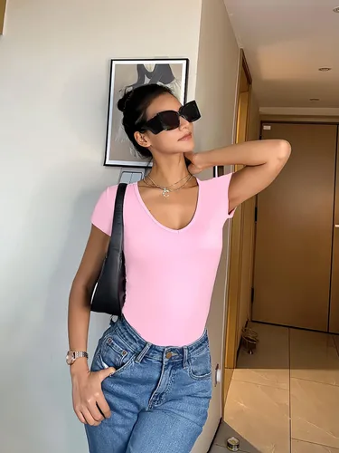 Vista 8 de Body de manga corta de 3 piezas para mujer, cuello en V, elástico, básico, traje de cuerpo