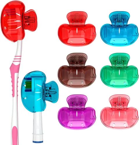 Vista 10 de Nincha Paquete de 4 fundas multicolor para cabezales de cepillo de dientes, protector universal con clip para cepillos manuales y eléctricos, morado