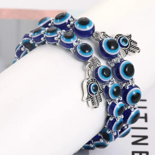 Vista 7 de SUMMER LOVE Pulsera elástica de ojo turco Hamsa con cuentas azules y cuentas para protección y bendición de mano de Fátima