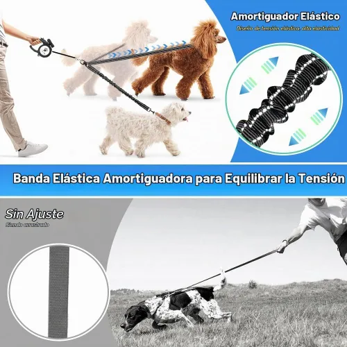 Vista 2 de AUTOWT Correa doble para perros, sin enredos, rotación giratoria de 360°, reflectante, con extensión de bungee, divisor para dos perros, cómoda
