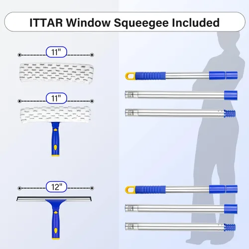 Vista 5 de ITTAR Escobilla de ventana con 2 juegos de postes separados, escobilla de goma de 12 pulgadas y almohadillas de microfibra de 11 pulgadas, kit