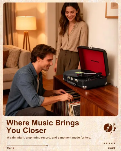 Vista 8 de TANALNIN - Tocadiscos de vinilo, tocadiscos portátil de maleta con Bluetooth de 3 velocidades con altavoces integrados, grabación USB, salida RCA