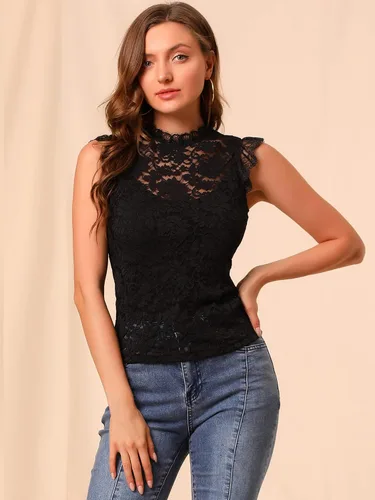 Vista 2 de Allegra K Blusa sin mangas para mujer con volantes semitransparentes y encaje floral