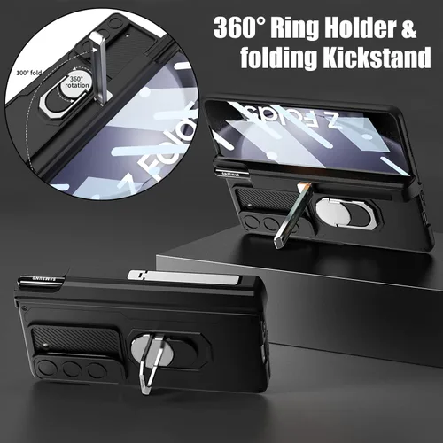 Vista 6 de Funda para Samsung Galaxy Z Fold 5 con protección magnética de bisagra, soporte de anillo y soporte para bolígrafo S, funda resistente a prueba