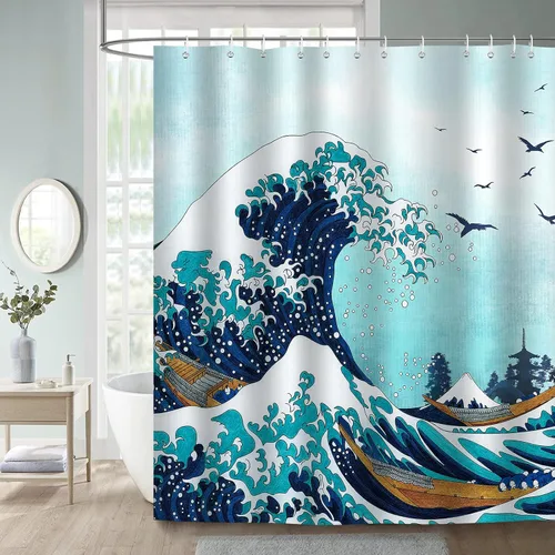 Vista 2 de Bonhause Great Wave - Cortina de ducha con diseño de anime japonés Kanagawa, color azul océano, 72 x 72 pulgadas, tela de poliéster, impermeable