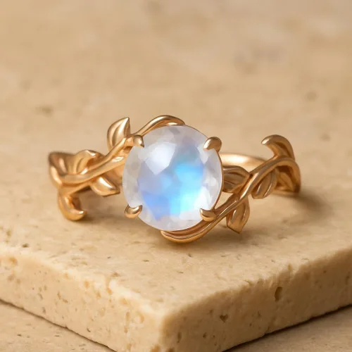 Vista 3 de ASANA - Anillo de compromiso único de piedra lunar para mujer, oro rosa de 14 quilates sobre plata de ley, anillo de compromiso único, banda