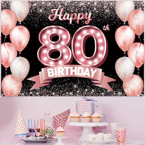 Vista 339 de Cartel de feliz cumpleaños décimo oro rosa, telón de fondo, saludos a 10 años, globos de confeti, decoración temática para niñas de 10 años
