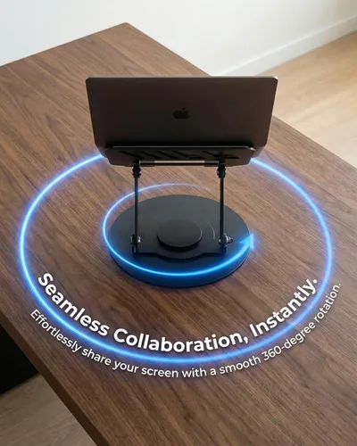 Vista 6 de Soporte para portátil ajustable giratorio de 360°, totalmente plegable, doble eje rotativo, elevador de laptop, escritorio de pie portátil Negro