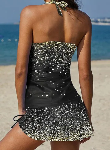 Vista 3 de REKITA Trajes de baño sexy tankini con falda, anillo en O, tankinis de 2 piezas, trajes de baño de bloque de color para mujer